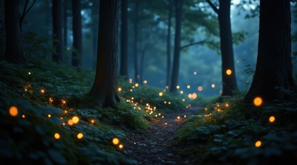 Enchanting forest path with glowing lights