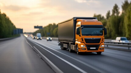 Naklejka premium Vibrant Orange Truck on Highway During Sunset with Blurred Traffic and Lush Green Trees in the Background Creating a Dynamic Transportation Scene