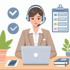 Flat illustration of operator of call center agent or customer service working in headphone and mic sitting at desk with laptop computer checklist and checkmark on a white background