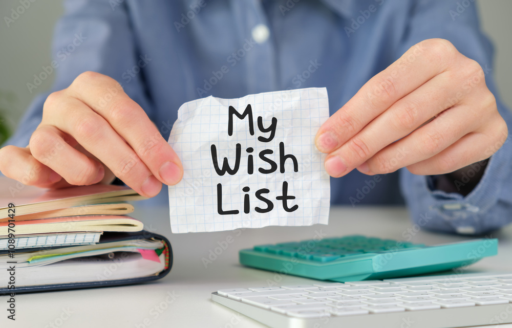 Poster conceptual, paper notebook on a white table. open diary and pen with my wish list words