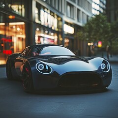 Obraz premium Sleek black sports car parked on city street at night.