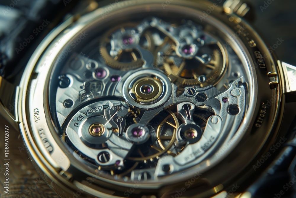 Poster a close-up view of an intricate mechanical watch movement showcasing gears and jewels in precise det
