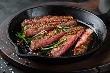 Juicy grilled steak slices resting in a cast iron skillet garnished with herbs and spices at a dimly lit kitchen setting
