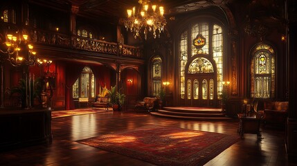 Obraz premium Grand, opulent mansion interior with stained-glass window, hardwood floors, and ornate details.
