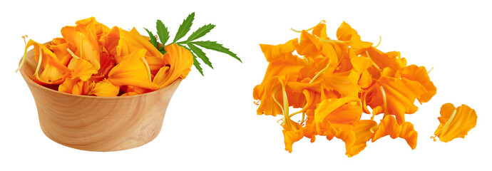 petals of fresh marigold or tagetes erecta flower in wooden bowl isolated on white background with full depth of field.