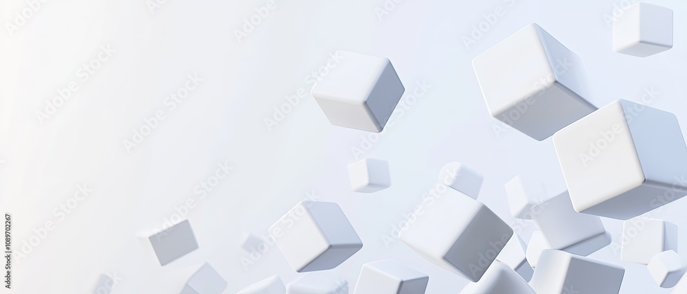 Poster abstract white cubes floating in space, minimalist 3d render.
