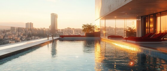 Rooftop infinity pool with city skyline view at sunset.