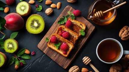 Beautifully arranged breakfast featuring toast topped with fresh raspberries, nuts, honey, and vibrant fruits on a dark background for a healthy start to the day