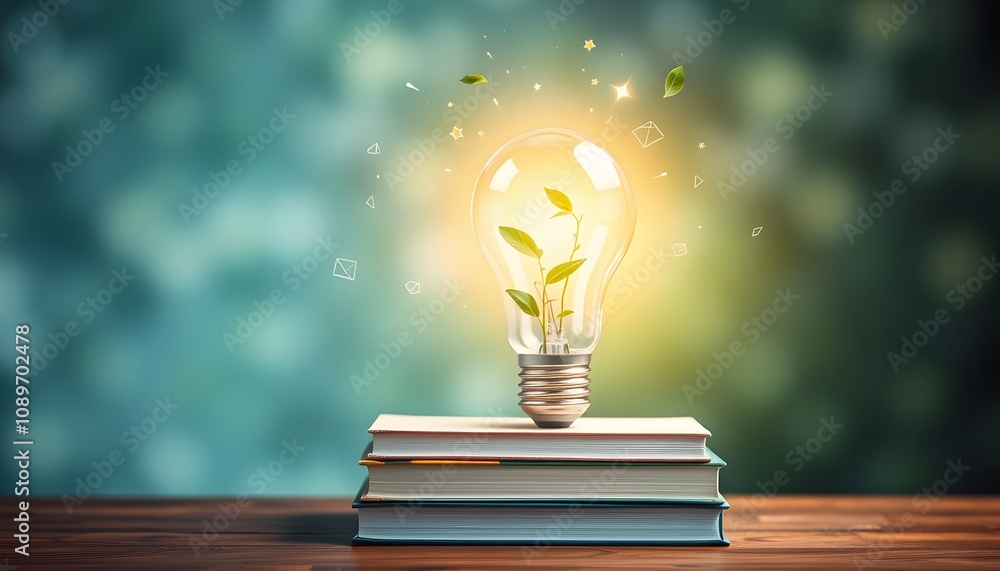 Poster surreal scene with a glowing light bulb and green plant: an imaginative representation of growth and