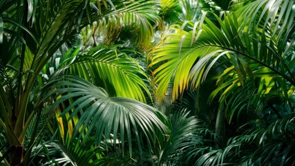 Lush Tropical Foliage: A vibrant image showcasing an abundance of exotic plants with lush, green leaves, creating a dense jungle landscape, capturing the essence of the rainforest.