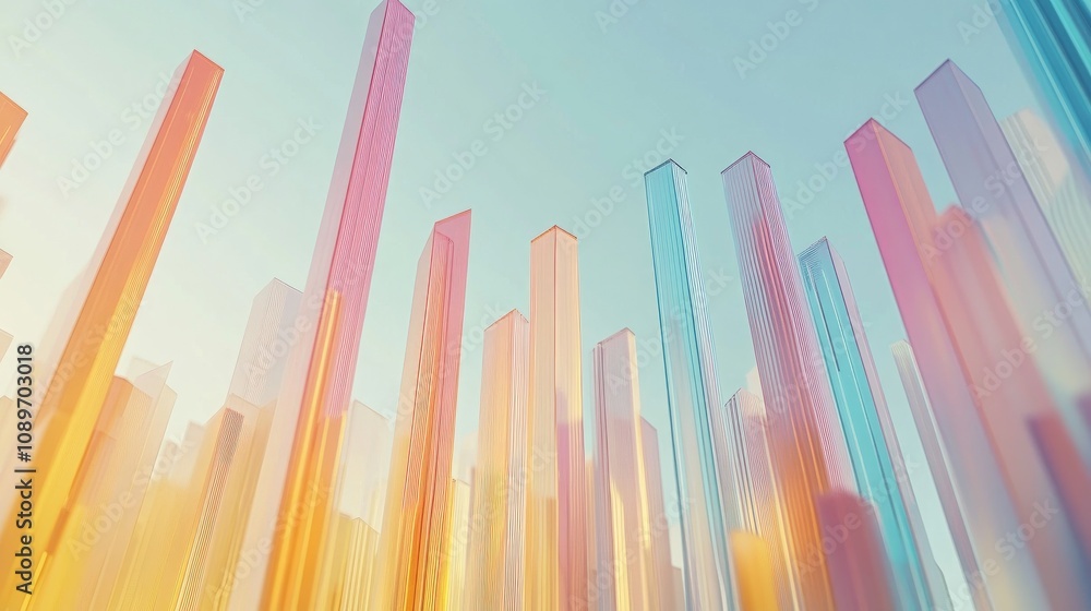 Poster vibrant abstract city skyline with colorful vertical shapes against a clear sky, representing modern