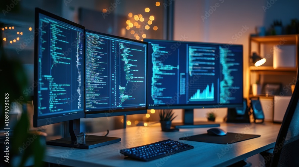 Aufkleber Triple Monitor Setup Displays Programming Code At Night