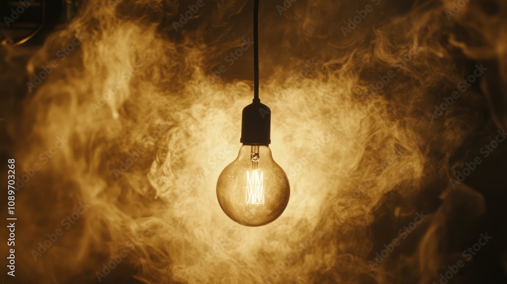 Poster a glowing vintage light bulb surrounded by soft smoke and warm light creating an atmospheric and mys