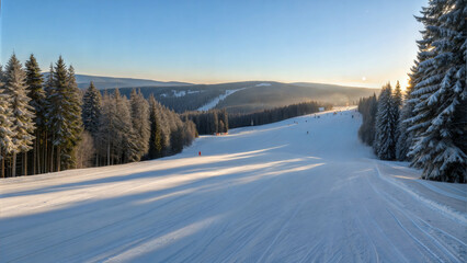 Fototapeta premium Wide empty ski slope in winter mountain resort surrounded by pine trees under bright sunlight