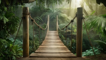 Suspension Bridge in Jungle: A weathered suspension bridge stretches invitingly over a vibrant and dense jungle, beckoning exploration with its rustic charm and hints of mystery.