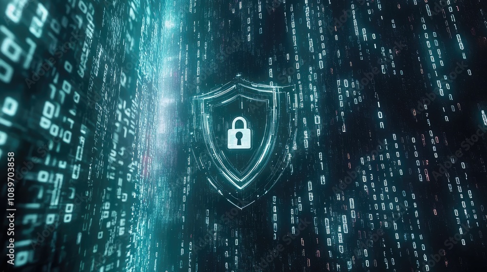 Aufkleber cyber security shield with padlock in digital code stream.
