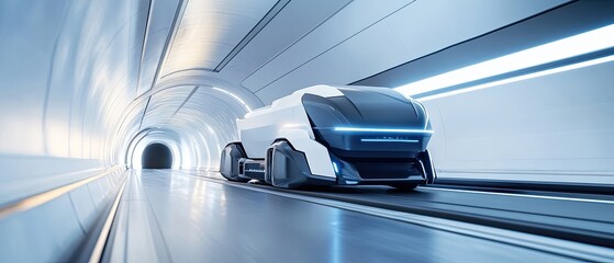 Futuristic autonomous truck speeding through a bright, modern tunnel.