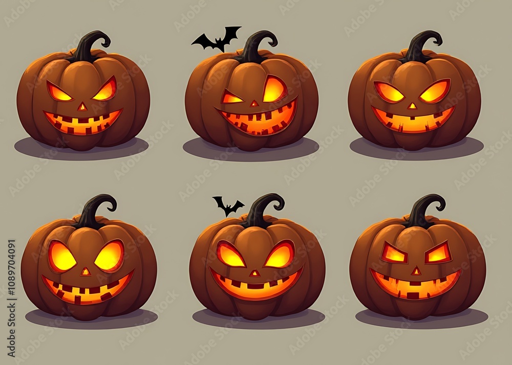 Poster Set of spooky Halloween icons featuring creepy jack o lantern faces isolated on a solid background in vector clip art format.