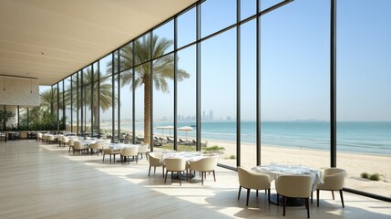 Luxurious beachfront restaurant with panoramic ocean views.