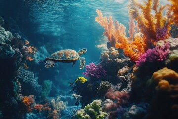 Obraz premium Turtle swimming in coral reef