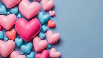 Obraz premium Heartfelt Harmony: An assortment of vibrant, multicolored hearts artfully arranged on a soft backdrop, creating a visually pleasing display of love and affection.