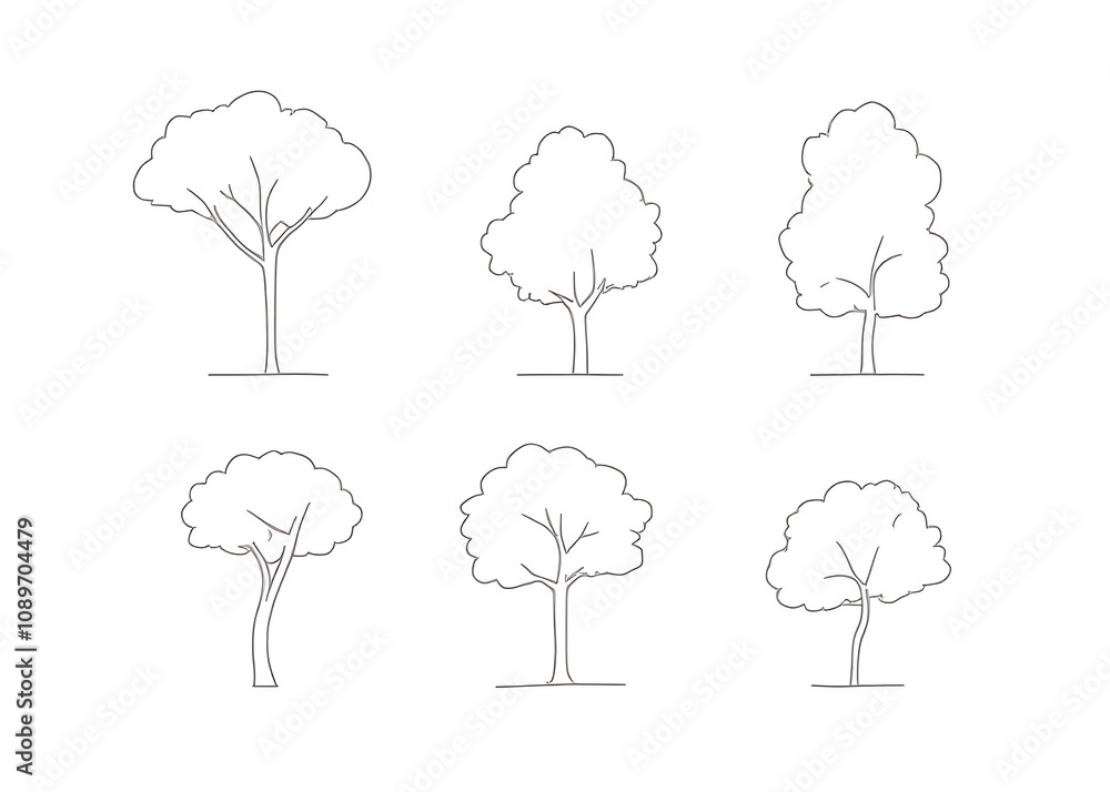 Aufkleber Vector set of tree line drawings with side views and outlines used for architecture and landscape design illustrations.