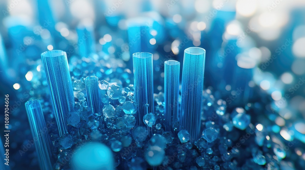 Poster abstract blue crystal structures with reflections and light effects, showcasing a beautiful bokeh ba