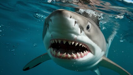 Naklejka premium Ocean's Apex Predator: A striking close-up captures the raw power and predatory nature of a great white shark, teeth bared and ready in its underwater domain.