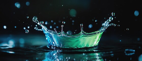Vibrant blue and green water droplet splash against dark background.