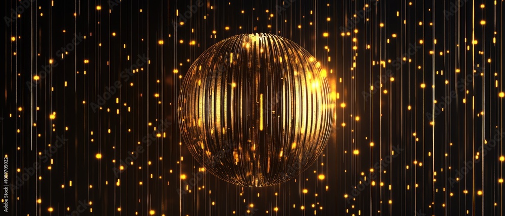 Poster golden sphere with glowing lines and particles.