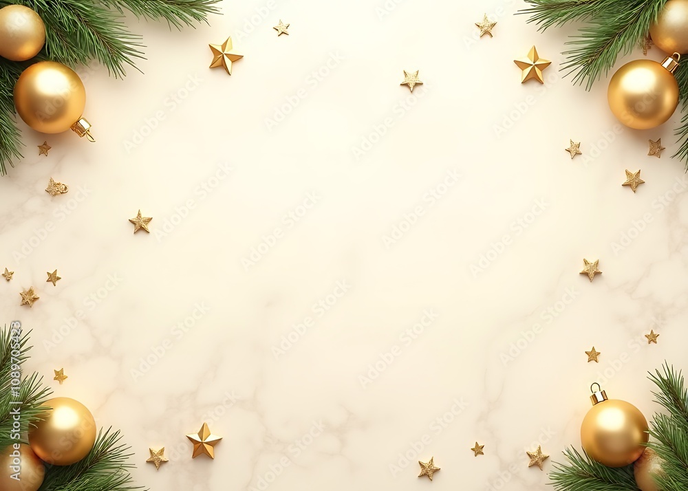 Poster a beige marble background features golden baubles, stars, and fir branches in a wide horizontal desi
