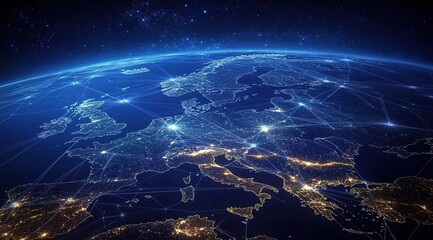 Naklejka premium A wide shot of the Earth, with glowing connections between cities in Europe