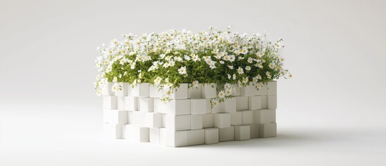 Fototapeta premium White cube planter with small white flowers.