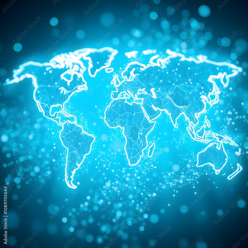 Poster A Vigorously Dynamic World Map Dissolving into Glowing Particles Illustrating a Modern Concept of Global Connectivity and Transformation