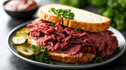 Delicious pastrami on rye bread sandwich with pickles and sauce.