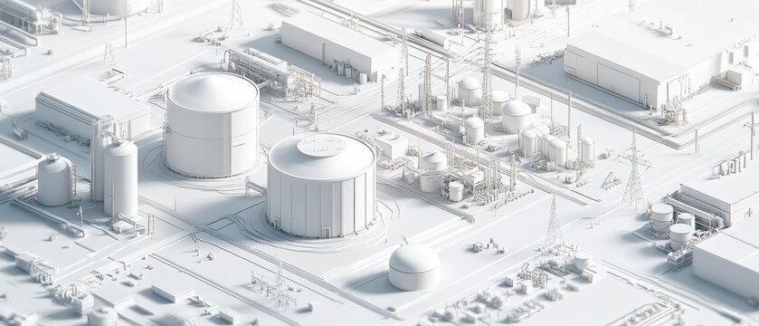 Aerial view of a white industrial complex with various storage tanks and processing units.