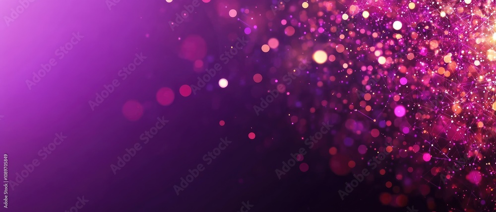 Poster abstract purple bokeh background with glowing particles.