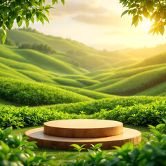 Modern Wooden Product Stand in Tea Plantation - Nature Background, Simple Wooden Product Display in Tea Plantation, Minimalist Wooden Product Stand in Tea Plantation - Nature Background