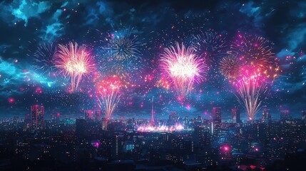 Obraz premium Vibrant fireworks explode over cityscape at night.