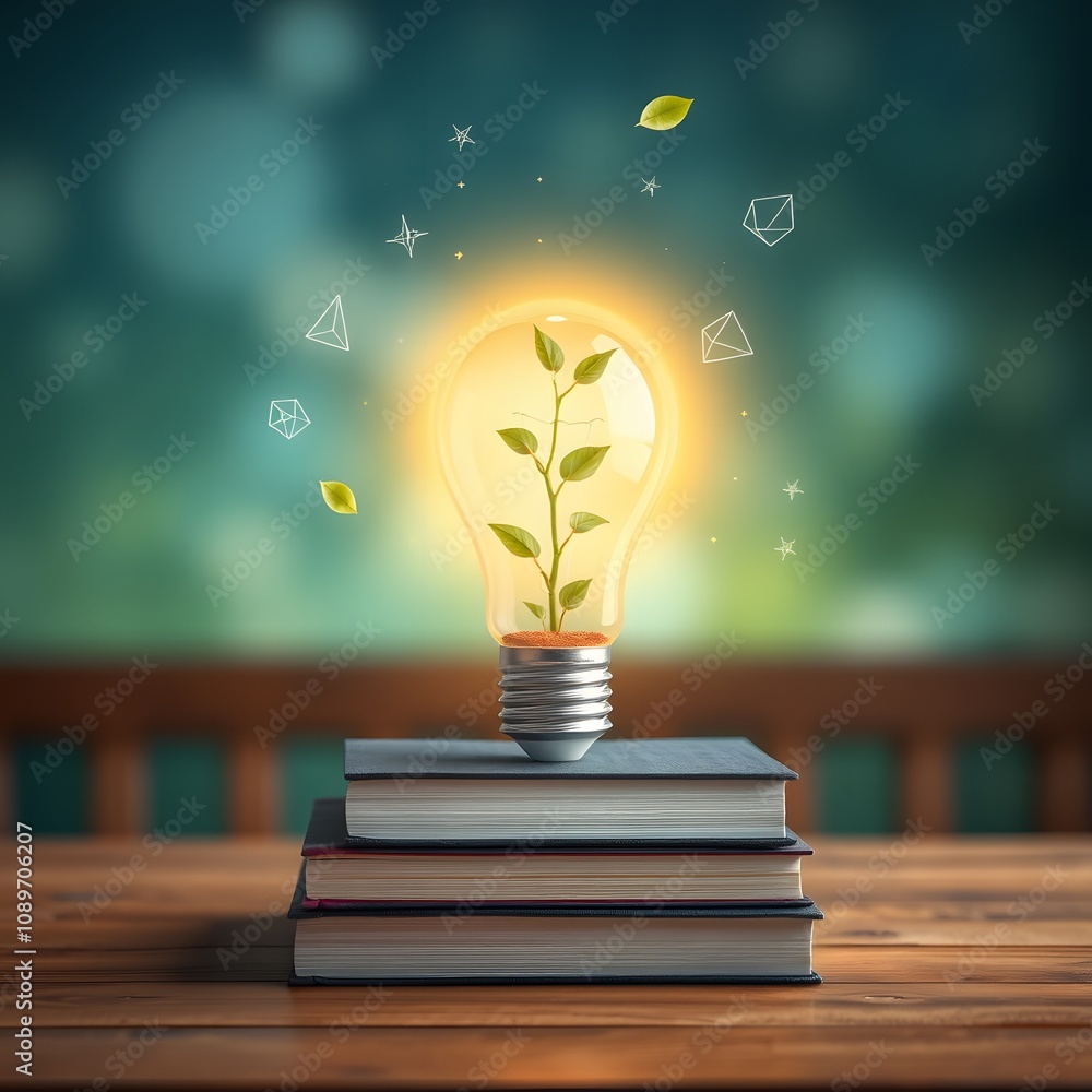 Poster surreal scene of a glowing light bulb with a green plant inside, emitting magical aura with floating