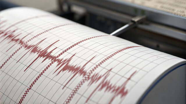 Seismograph recording earthquake activity with red lines indicating strong seismic waves