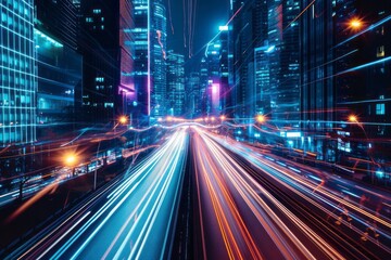 Fototapeta premium Colorful streaks of light illuminate a highway leading into a vibrant cityscape at night, showcasing urban energy and movement