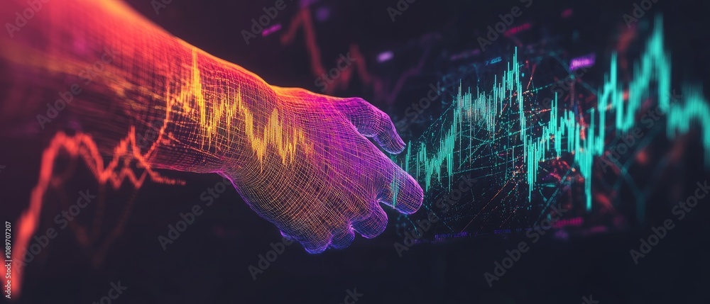 Poster abstract digital hand reaching towards data graphs.