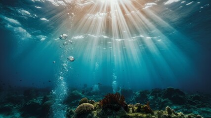 Fototapeta premium Underwater Light Rays: Sunlight streams through the water's surface, creating mesmerizing light rays illuminating the depths below, highlighting the diverse ecosystem of the sea floor.