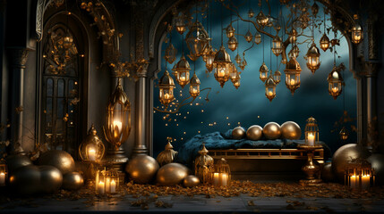 A gold decorated wall with lanterns and lights