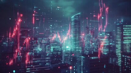 Fototapeta premium Futuristic cityscape at night with glowing digital data streams.