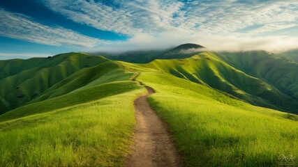 Obraz premium Serene Mountain Path: A winding trail ascends verdant hills under a vibrant sky, inviting exploration and evoking a sense of peace and adventure. 