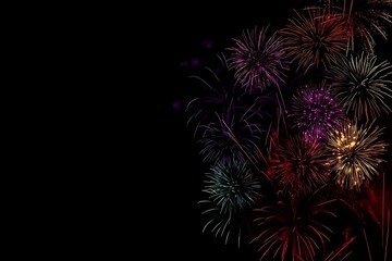 Colorful fireworks with a gradient dark purple background for New Year 2025.
