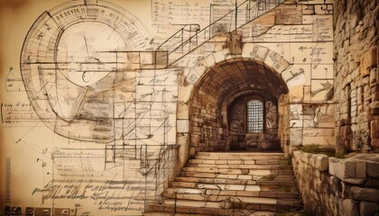 Architectural Collage Featuring Stone Arches and Ancient Sketches