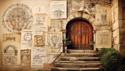 Fototapeta premium Architectural Collage Against Stone Wall With Rustic Wooden Doorway